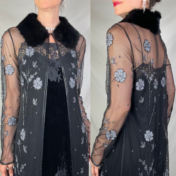 Sue Wong fur collar beaded embroidered sheer jacket duster coat cocktail floral - Picture 13 of 15
